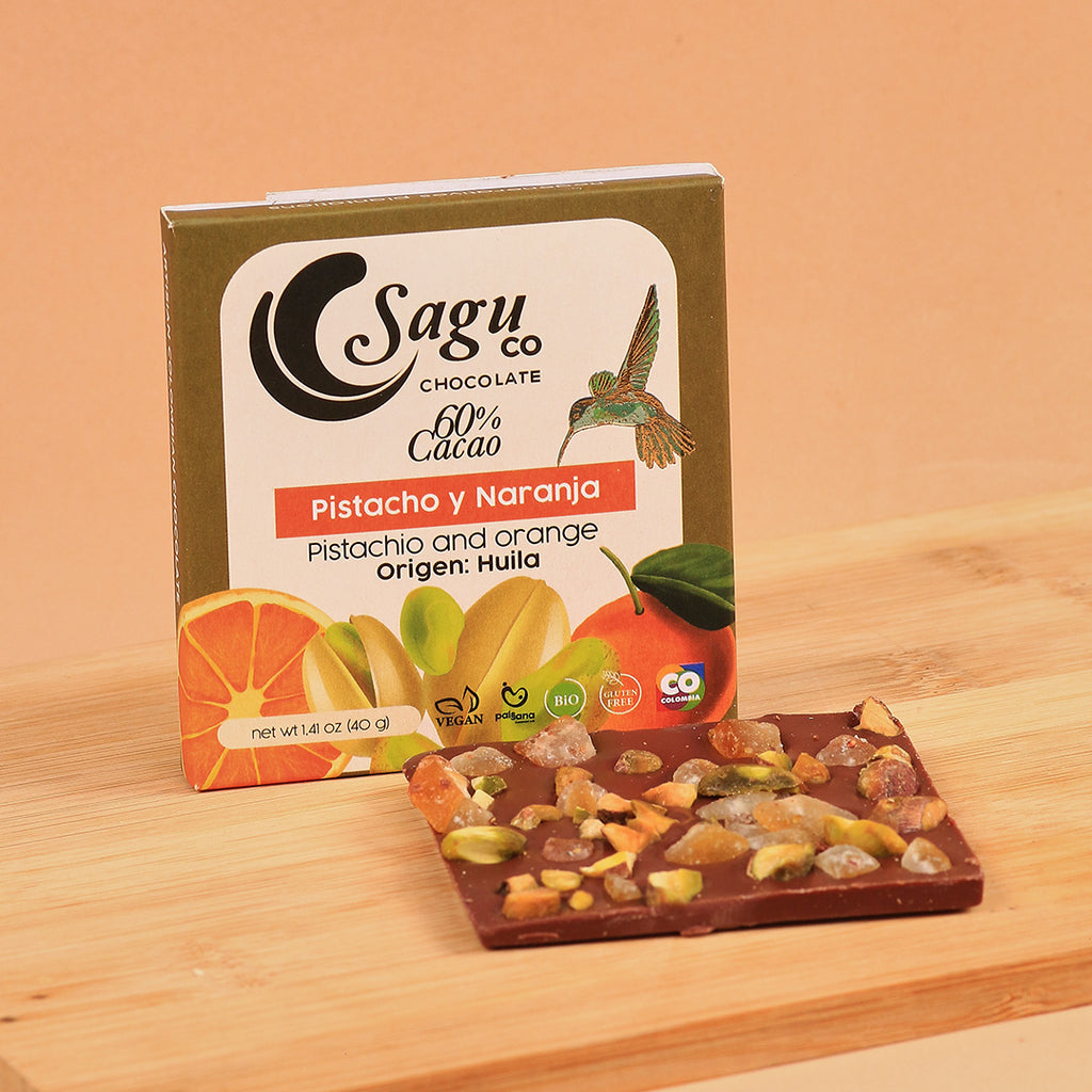 Chocolate Premium 60% de cacao con naranja y pistacho 40g