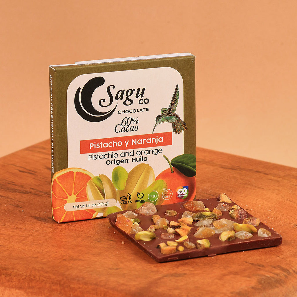 Chocolate Premium 60% de cacao con naranja y pistacho 40g