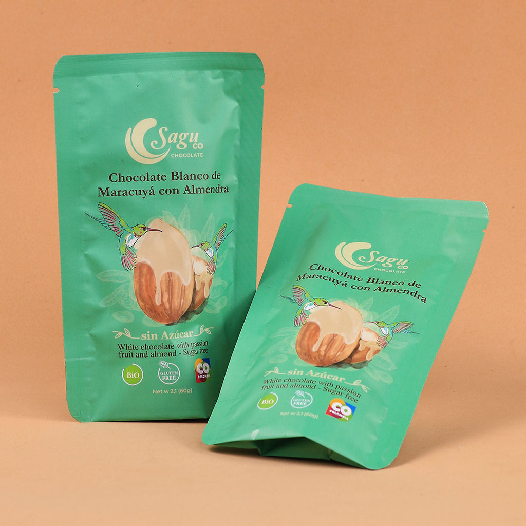 Chocolate blanco de maracuyá con almendra Sin azúcar Sugar free 60g