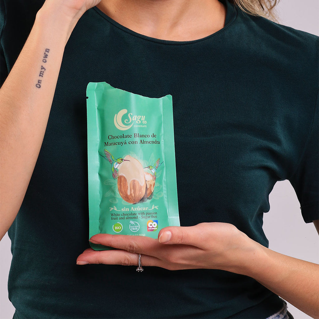 Chocolate blanco de maracuyá con almendra Sin azúcar Sugar free 60g
