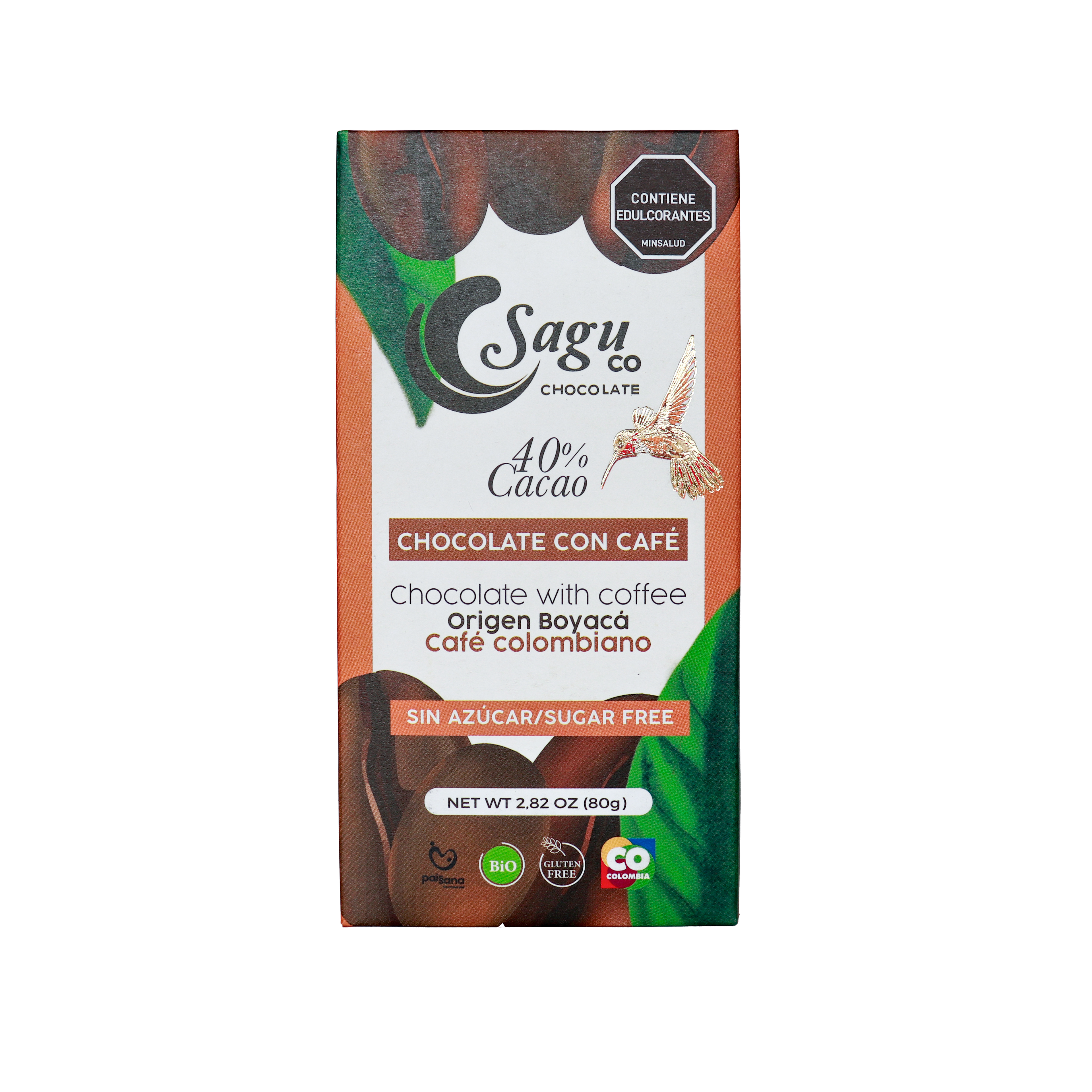 Chocolate Premium 40% de cacao con café Sin azúcar Sugar free 80g