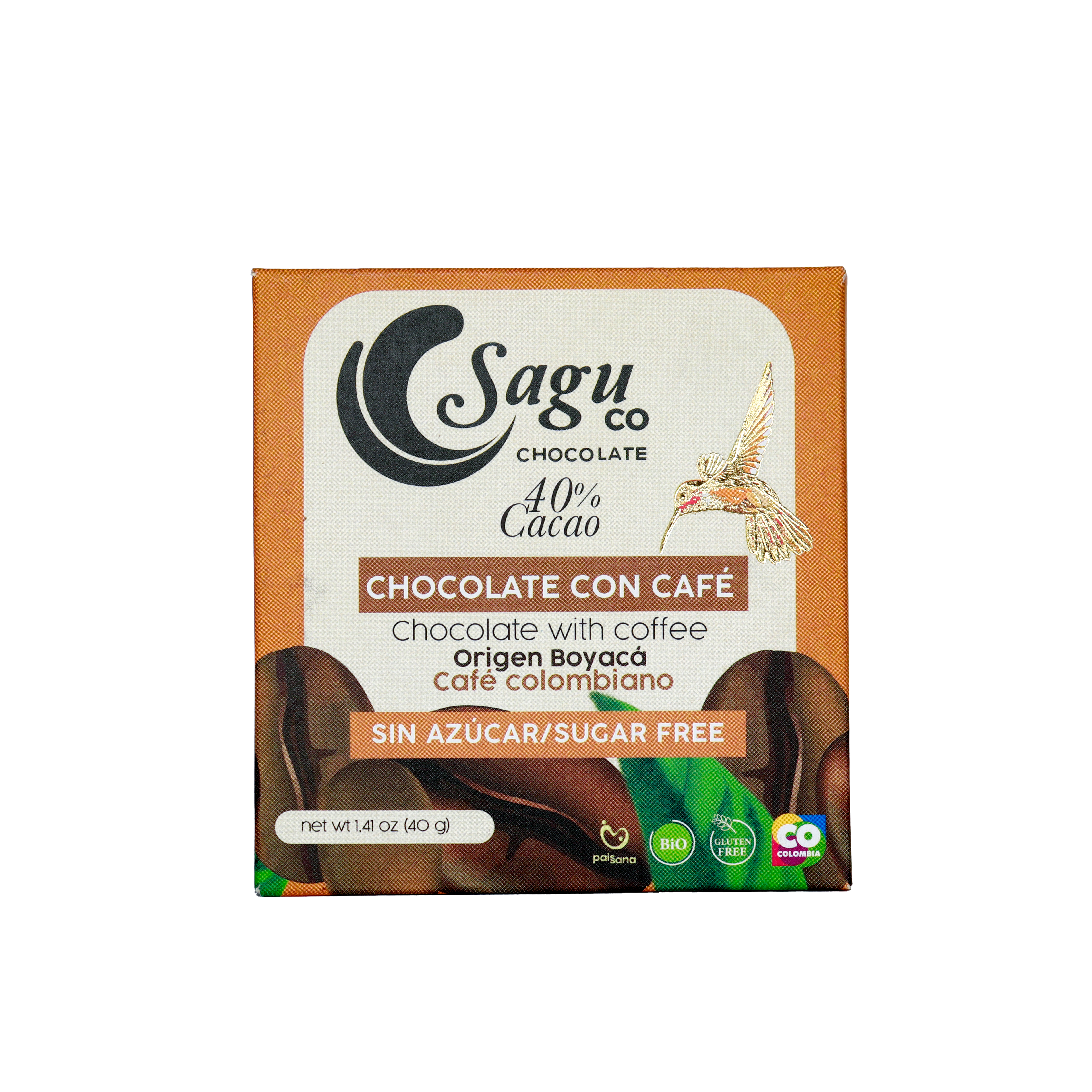 Chocolate Premium 40% de cacao con café Sin azúcar Sugar free 40g