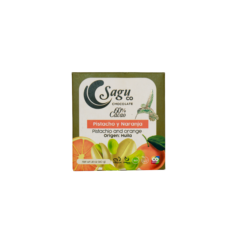 Chocolate Premium 60% de cacao con naranja y pistacho 40g