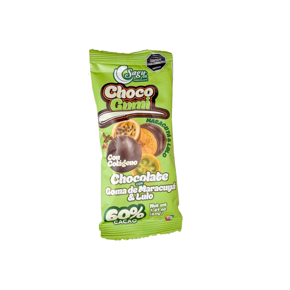 Gragea de chocolate 60% con goma de lulo – maracuyá y colágeno