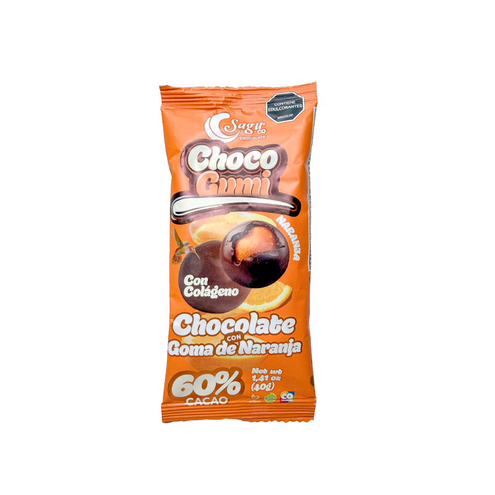 Gragea de chocolate 60% con goma de naranja y colágeno