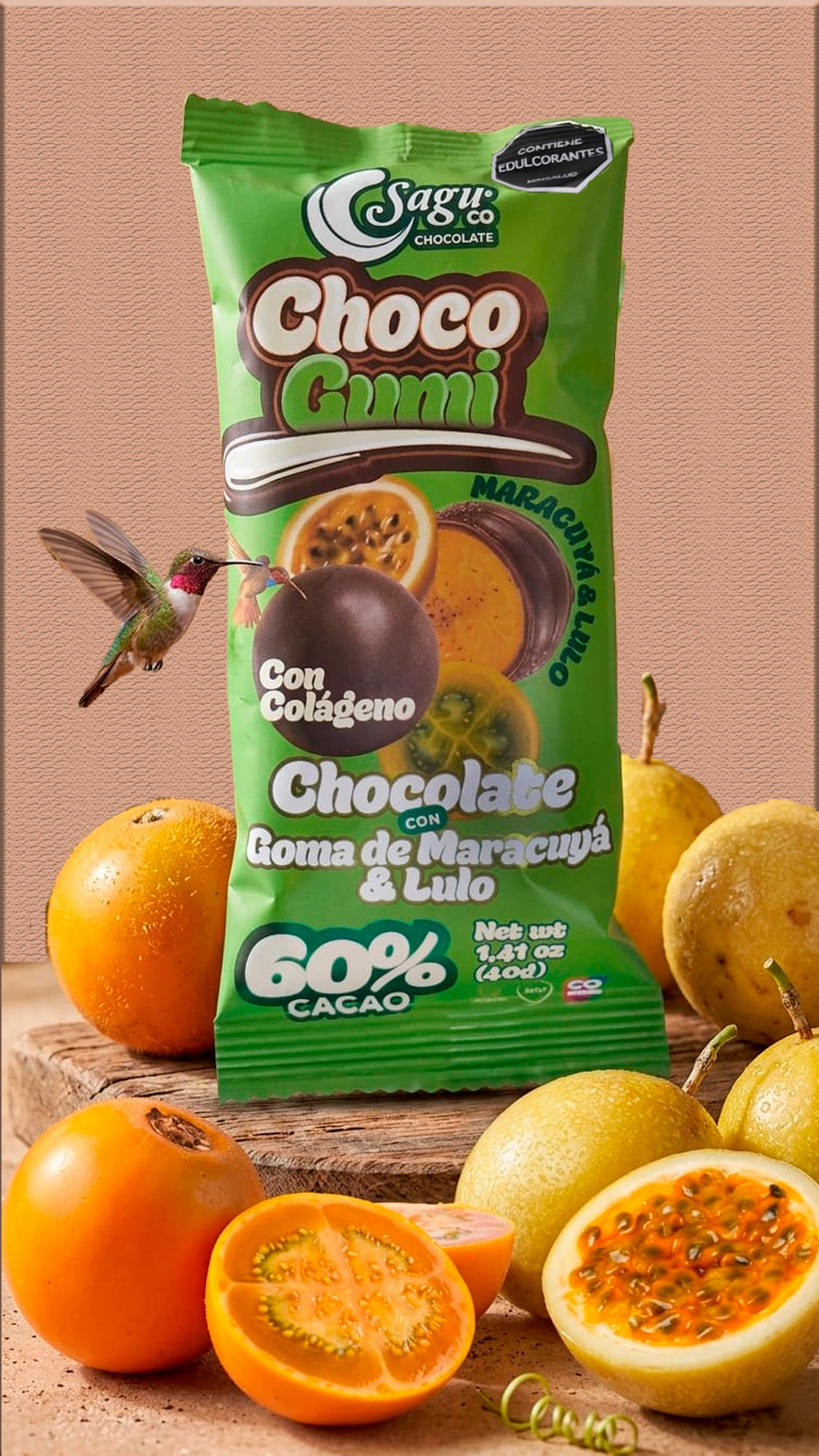 Gragea de chocolate 60% con goma de lulo – maracuyá y colágeno