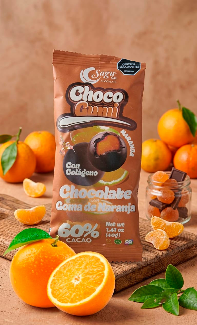 Gragea de chocolate 60% con goma de naranja y colágeno